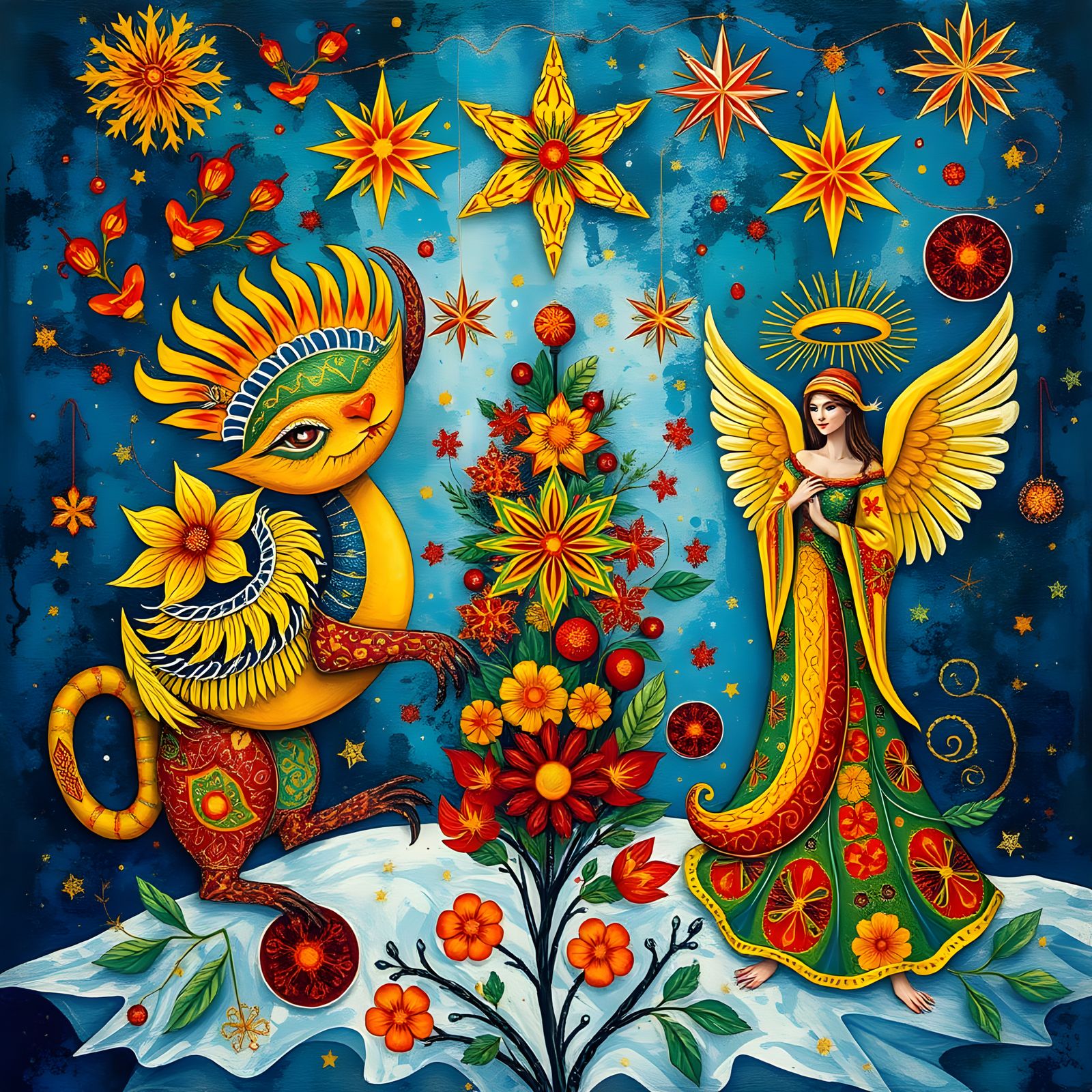 Christmas Folk Art Creatures in Surreal Abstract Style