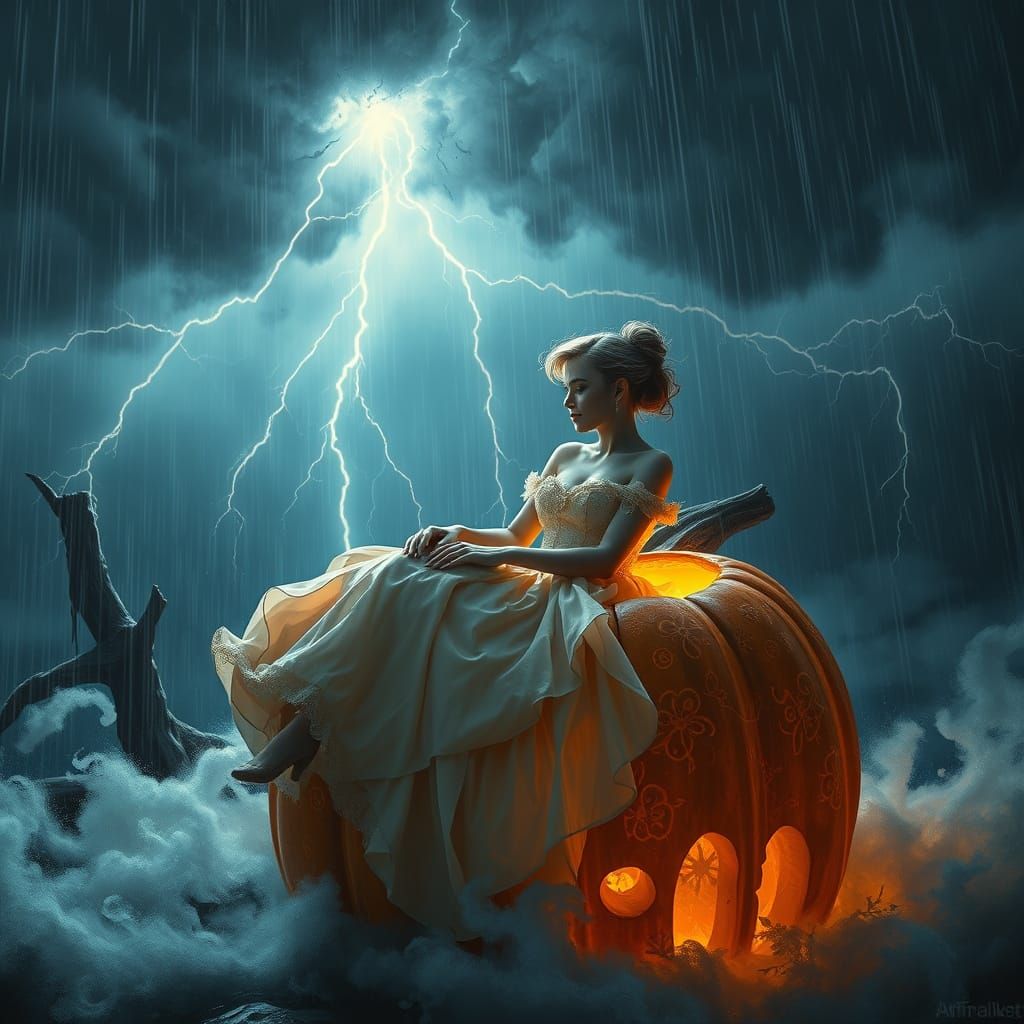 Cinderella in a Radiant Pumpkin Amidst a Turbulent Thunderst...