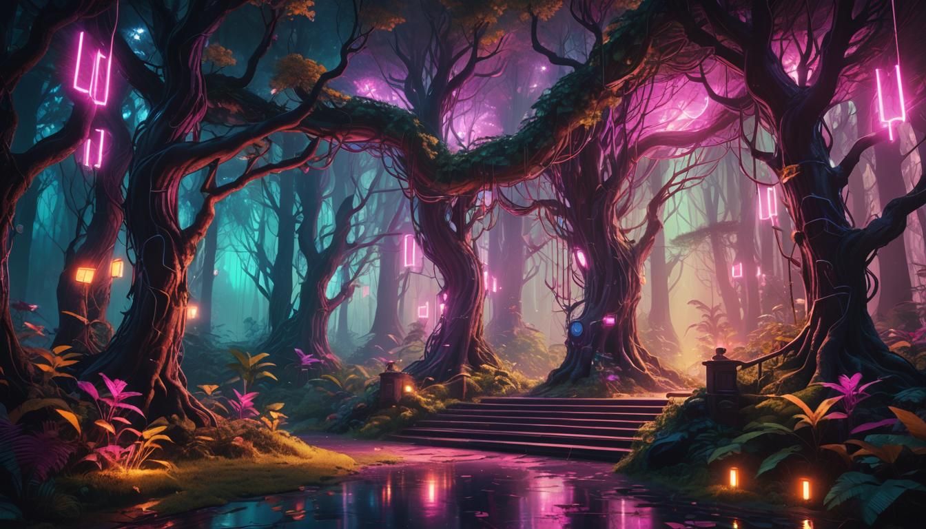 Enchanted Forest Entrance in Synthwave Neon Style