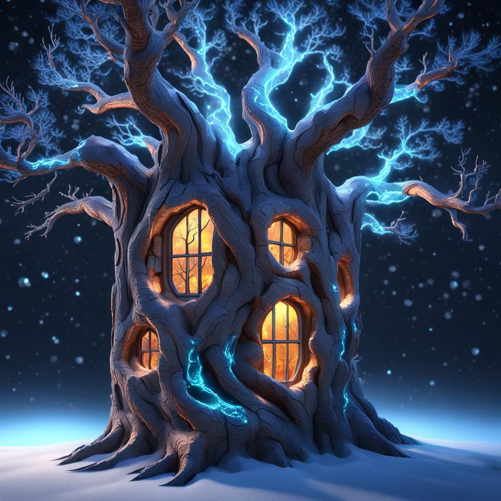 Glowing Faces in Twisted Tree Trunk