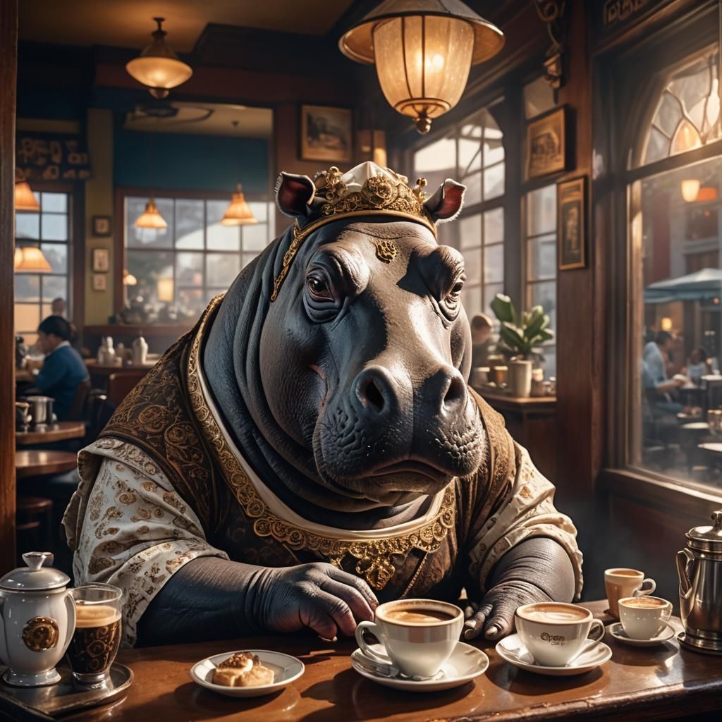 Hippo Maid Serving Coffee, Detailed Digital Art