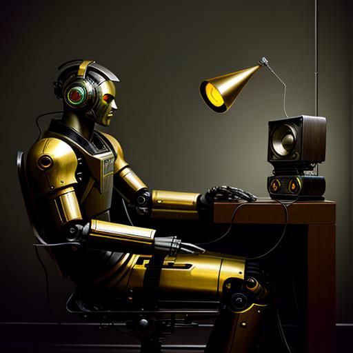Futuristic Robot Listens to Vintage Radio