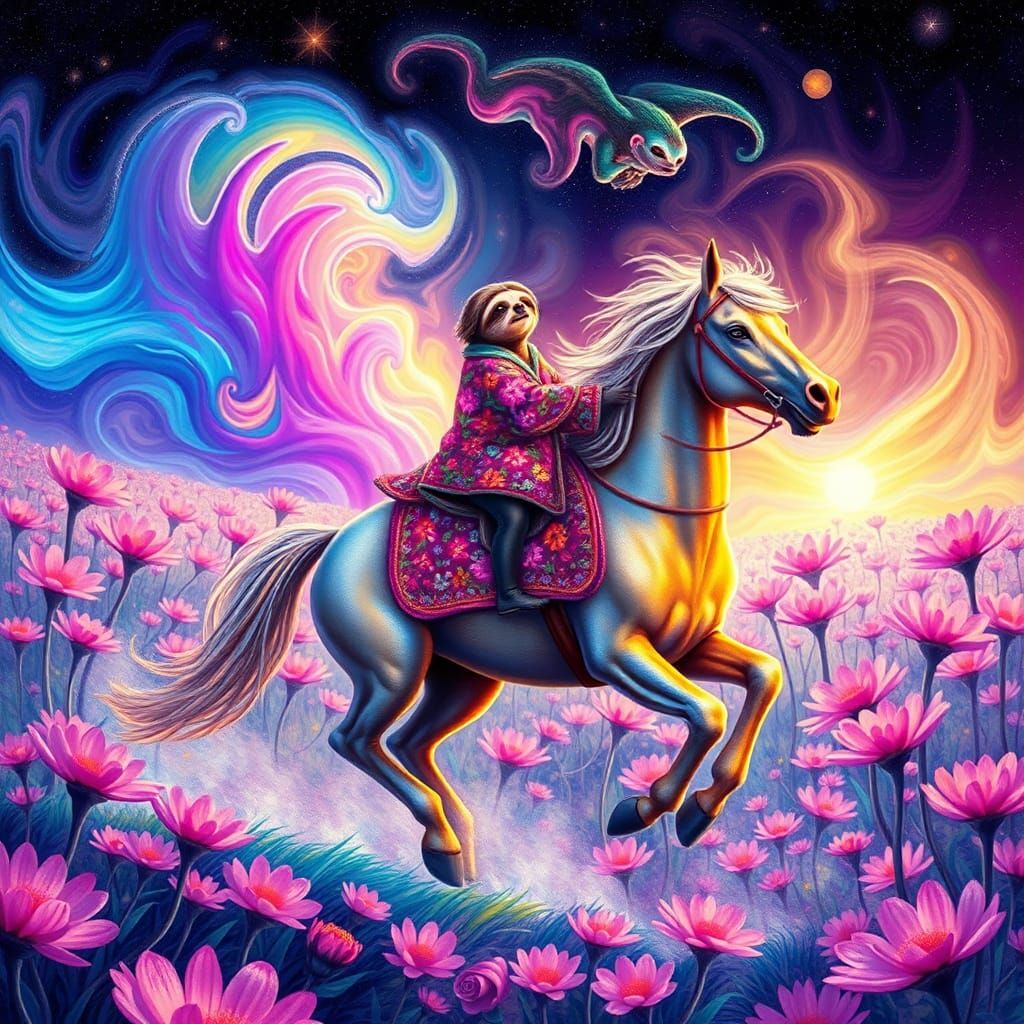 Sloth on Horseback in Iridescent Flower Field