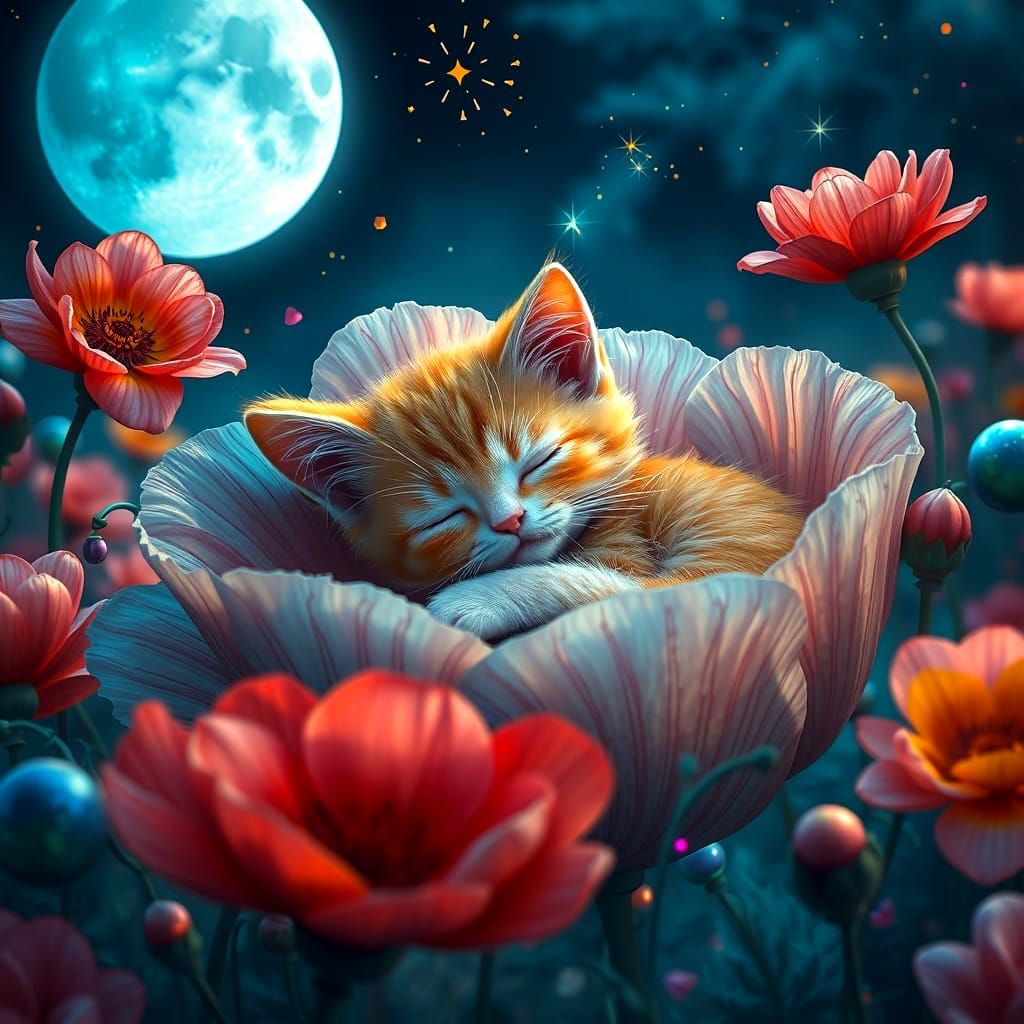 Surreal Kitten in a Poppy Flower: Fantasy Concept Art
