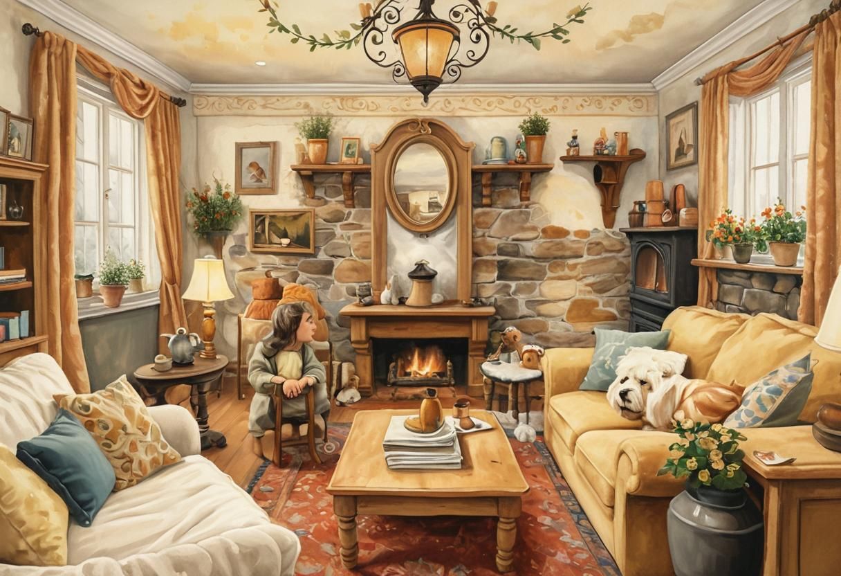 Cozy Toddler and Dog by Fireplace: Whimsical Oil Painting
