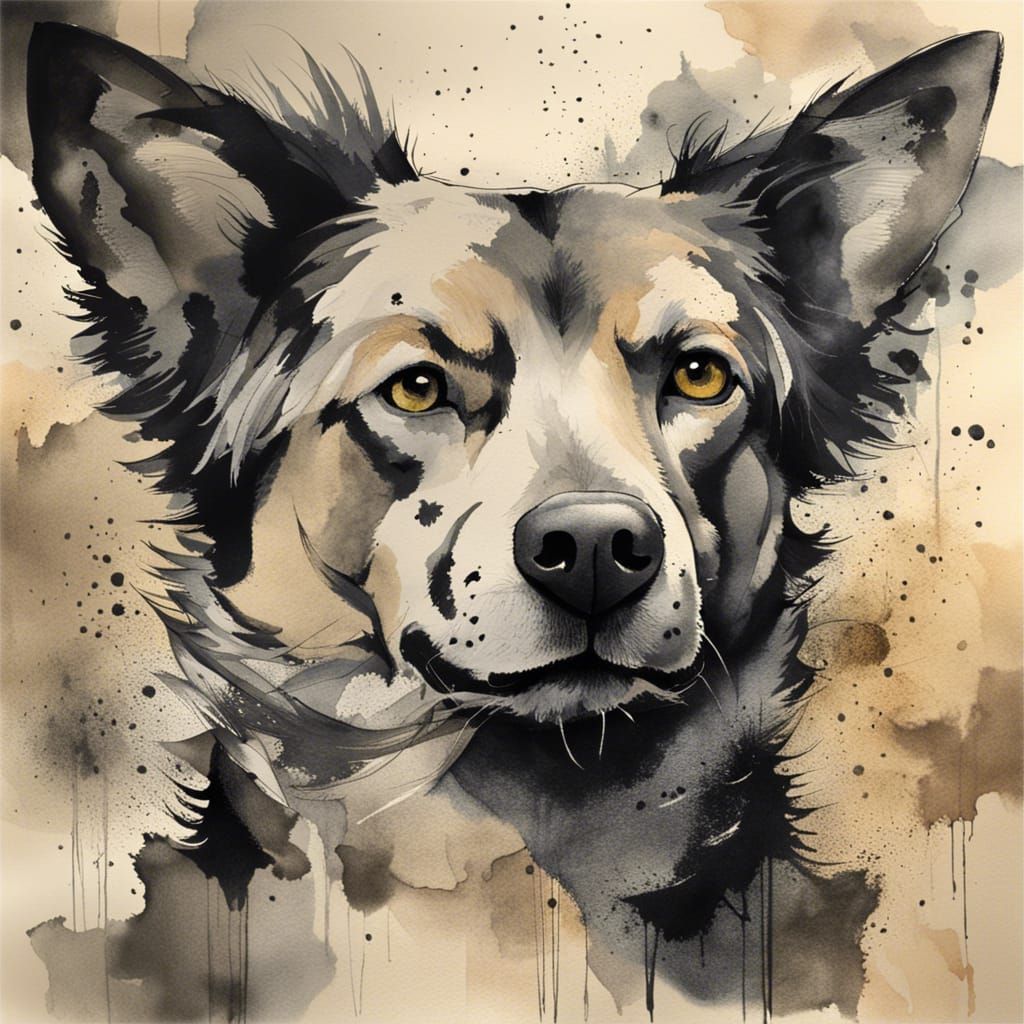 Mudi Dog in Charcoal and Watercolor Fusion