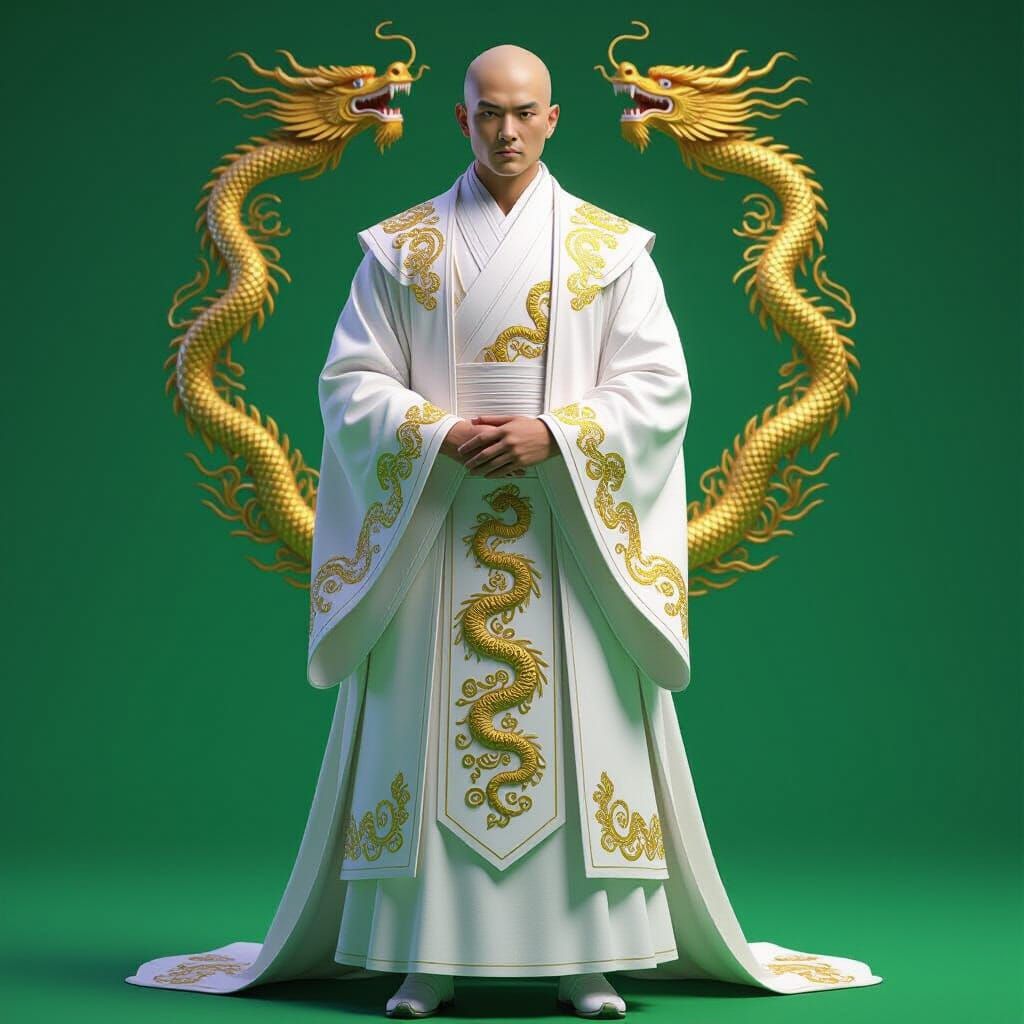 Bald Chinese Monk in Gold Dragon Robe on Green Screen