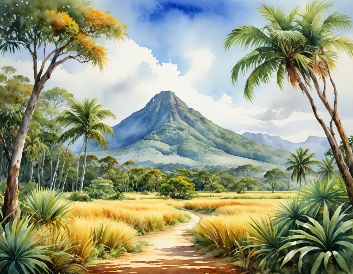 Watercolor Painting of a Tropical Savannah Landscape