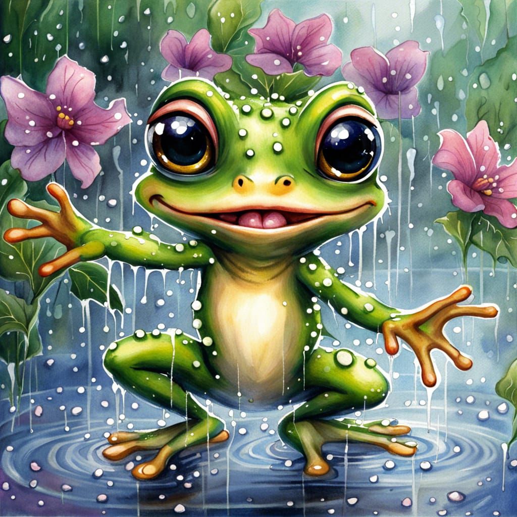 Happy Dancing Frog in Watercolor Style