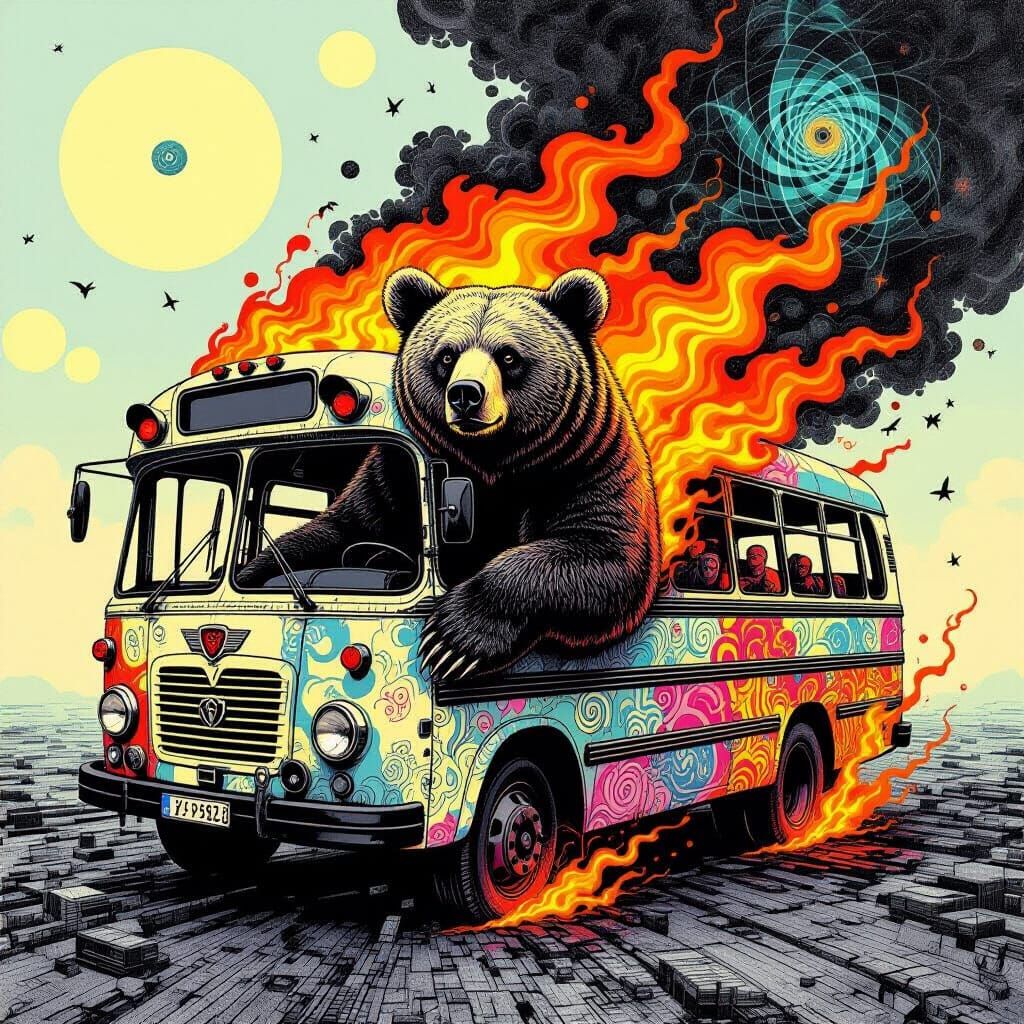Psychedelic Surrealism of a Bear in a Burning Bus