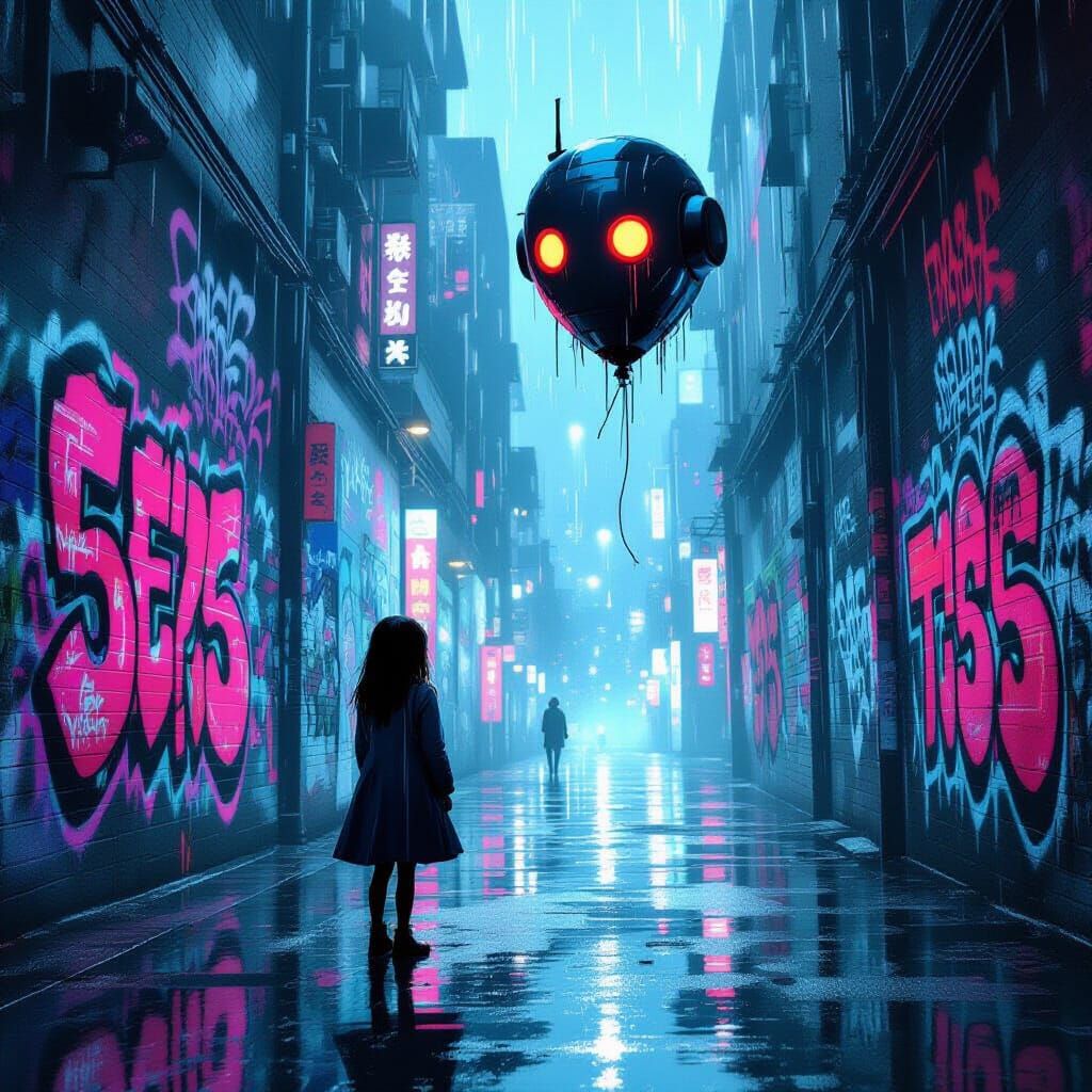 Banksy's Balloon Girl in Cyberpunk Alley