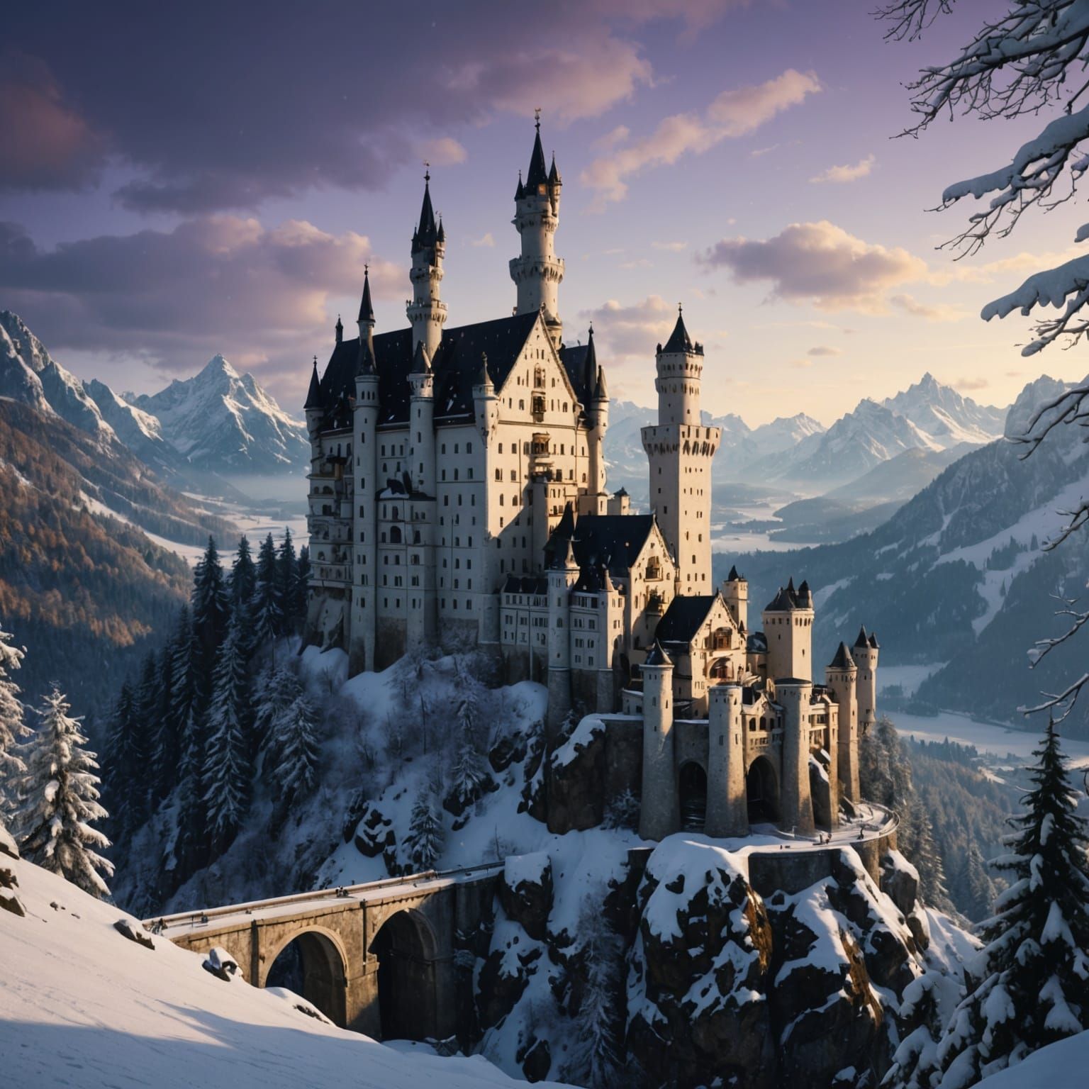 Neuschwanstein Castle in Winter Wonderland of Dark Fantasy