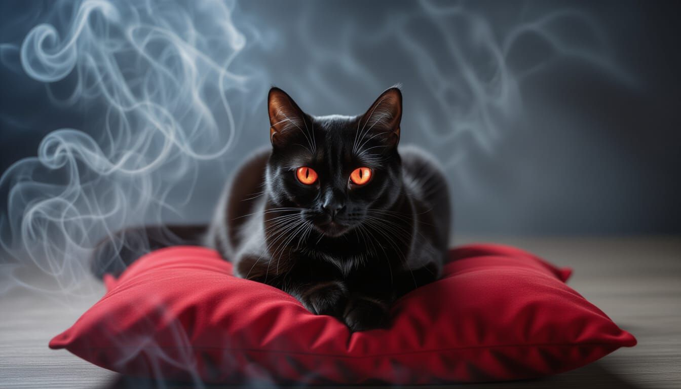 Black Cat With Glowing Red Eyes on Red Pillow