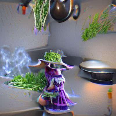 Enchanting Kitchen Witch Surrounded by Herbs