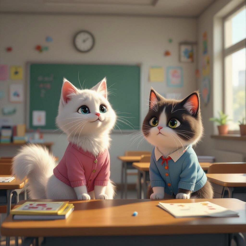 Cats in Disaster Scene, Animated Realism Style