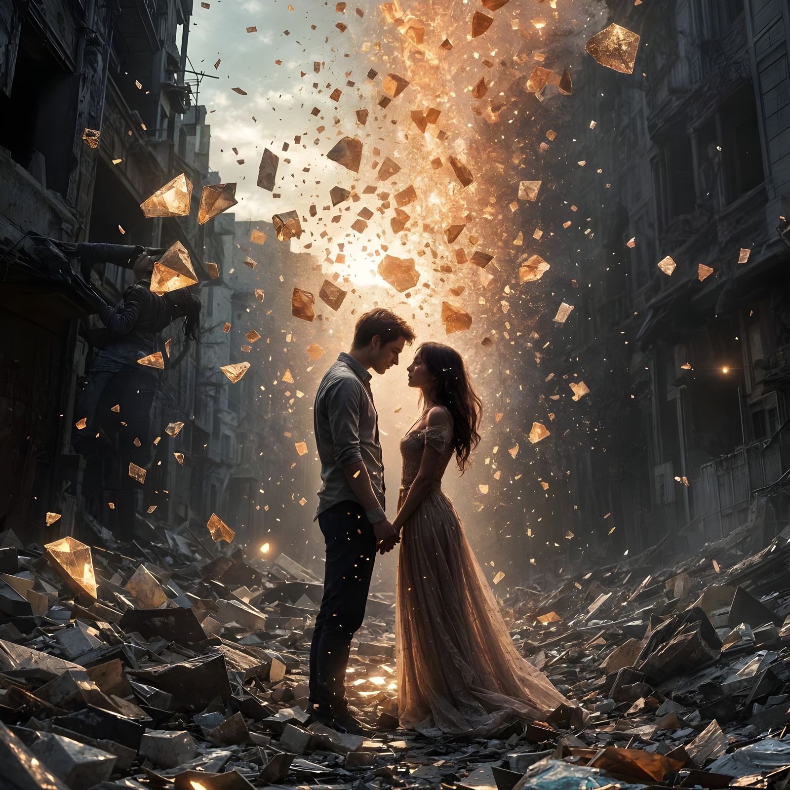 Lovers Embrace in Ruined City, Crystalline Cinematic Style