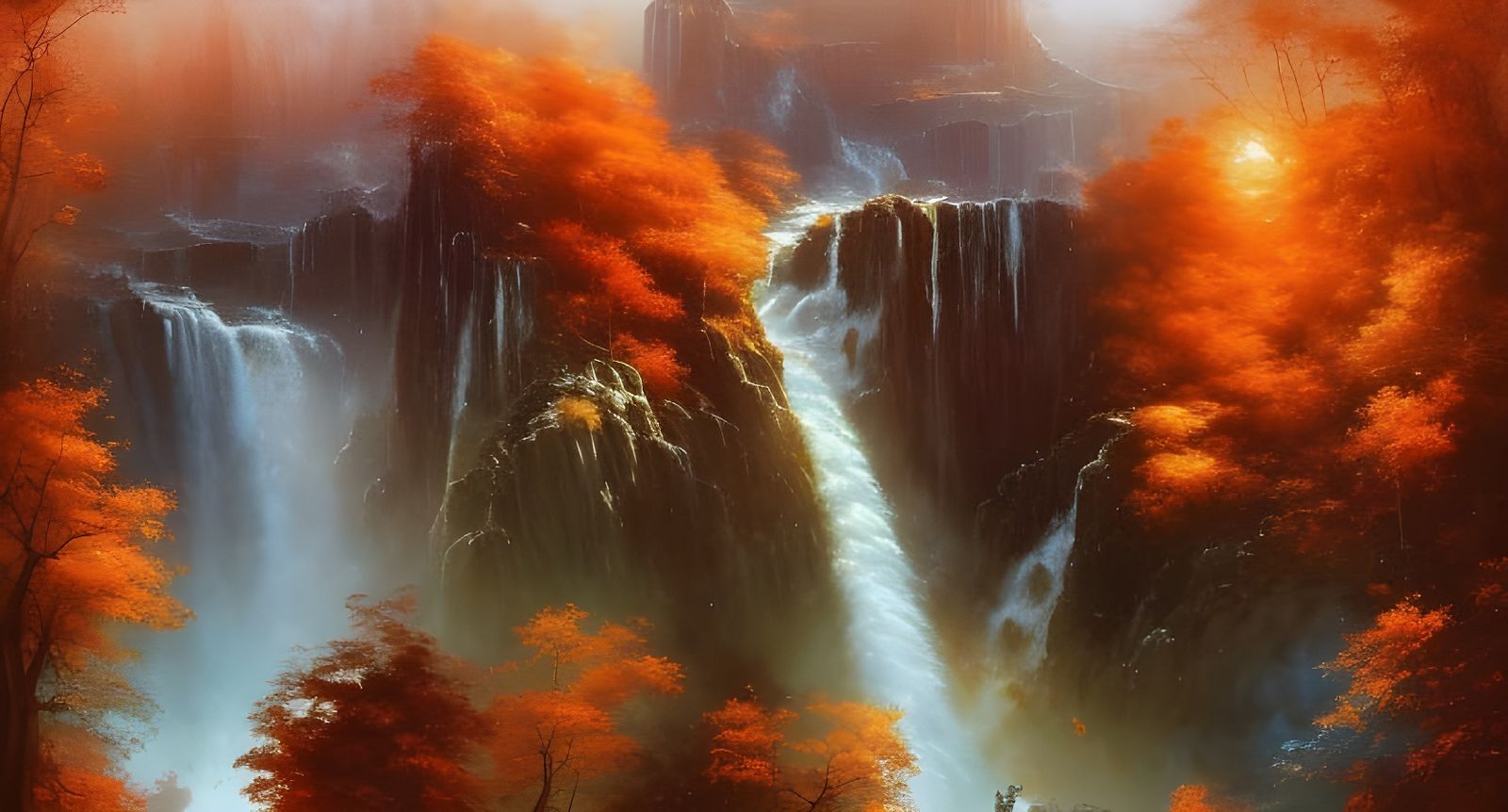 Autumnal Waterfalls Under Golden Clouds