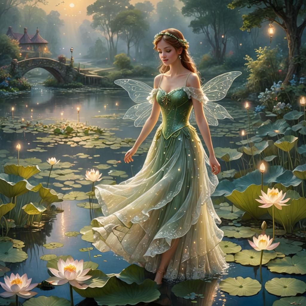 Ethereal Fairy on Lotus Leaf with Fairy Lights