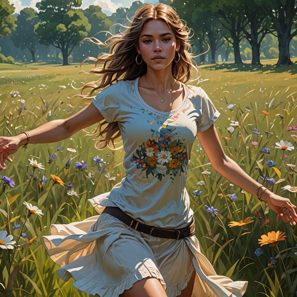 Woman Dancing in Meadow: Artgerm and Mucha Style