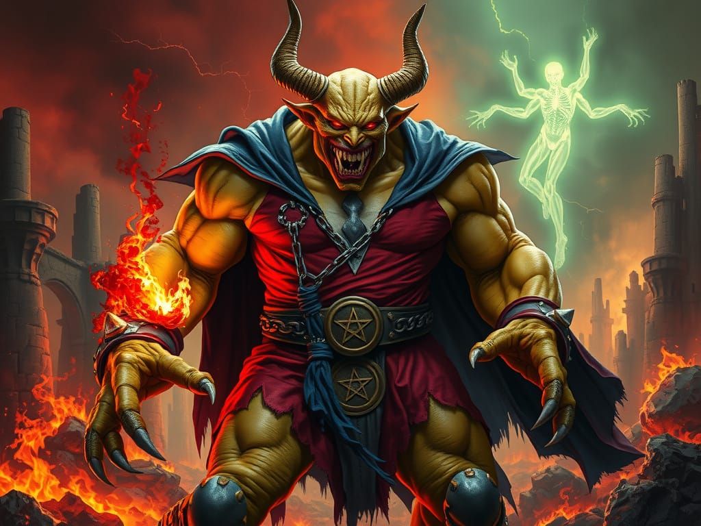 Etrigan the Demon in Hellish Ruins, Cyberpunk Digital Painti...