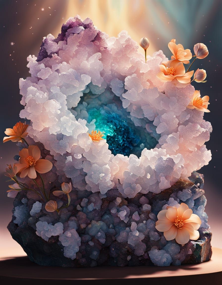 Geode and Ikebana in Surreal Oil Painting