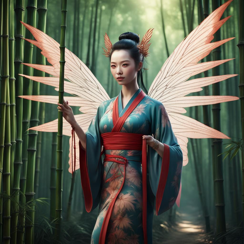 Oriental Enchantress with Wings in Bamboo Forest
