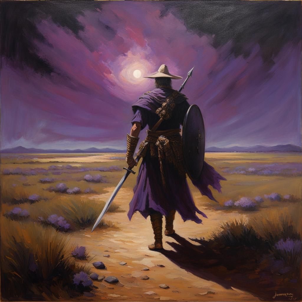 Warrior with Purple Aura in Oil Painting