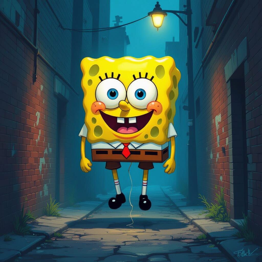 SpongeBob Balloon in Dark Alleyway