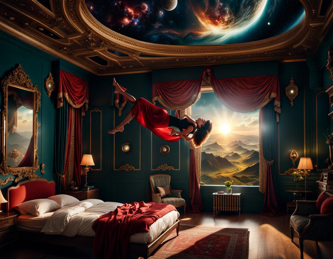 Woman Levitating Upside Down in Bedroom: Digital Painting