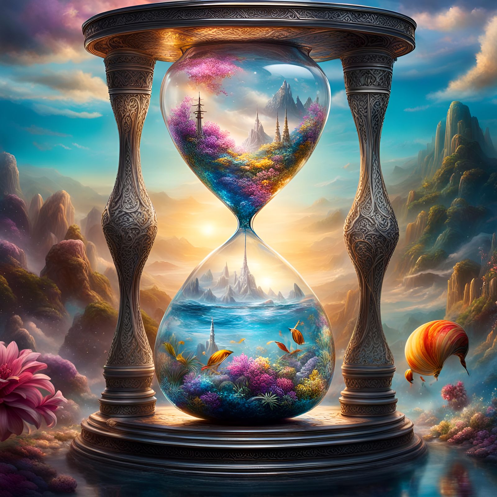 Hourglass with Aquatic Scenes in Surreal Style