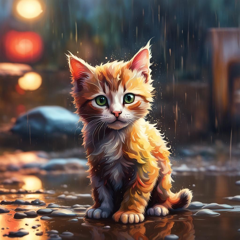 Confused Kitten Alone in Rainy Puddles