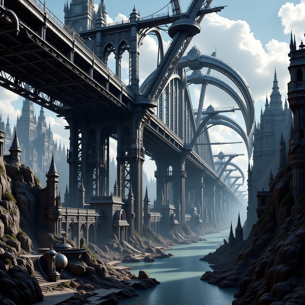 Monumental Steel Bridge with Arched Platforms