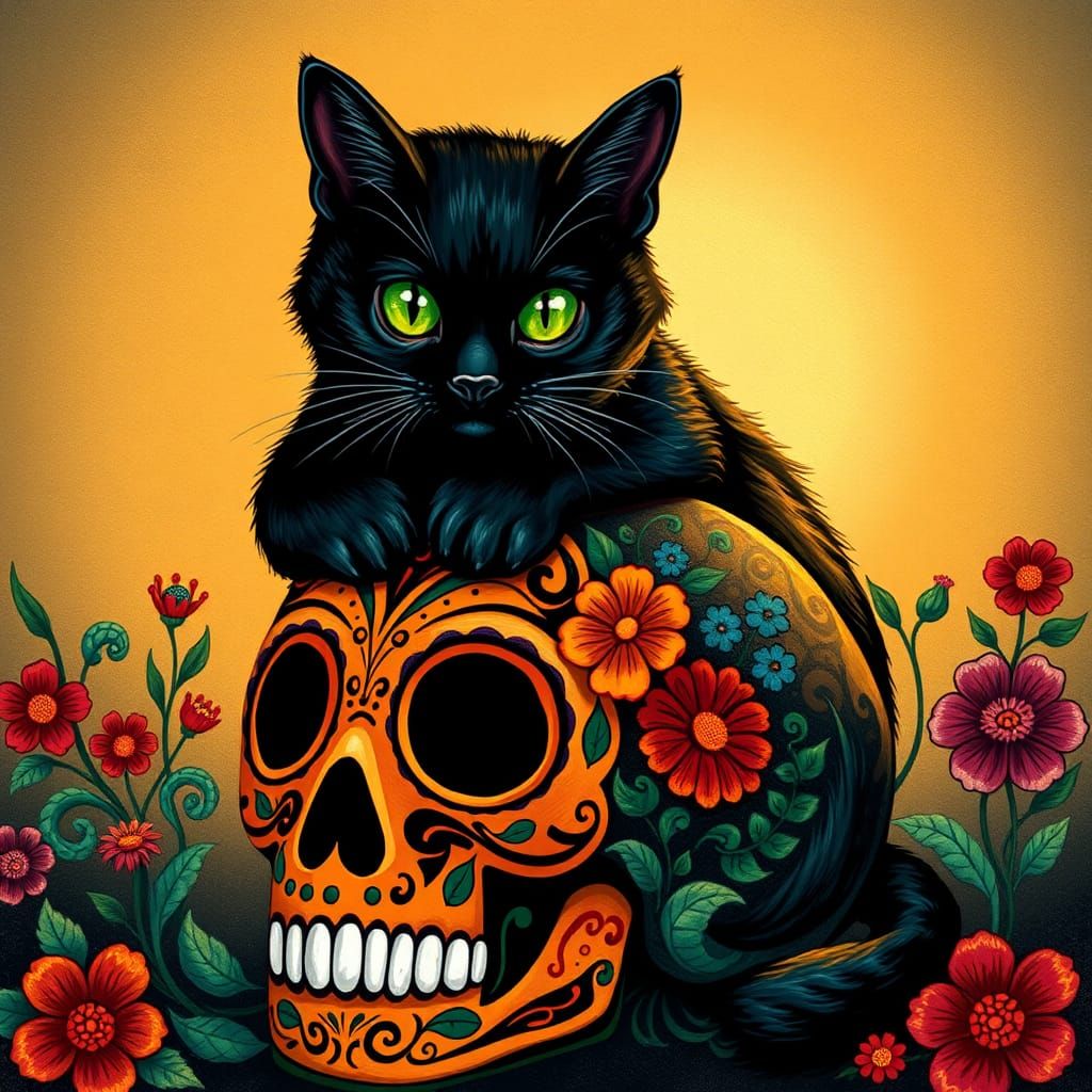 Black Cat on Sugar Skull in Mexican Folk Art Style