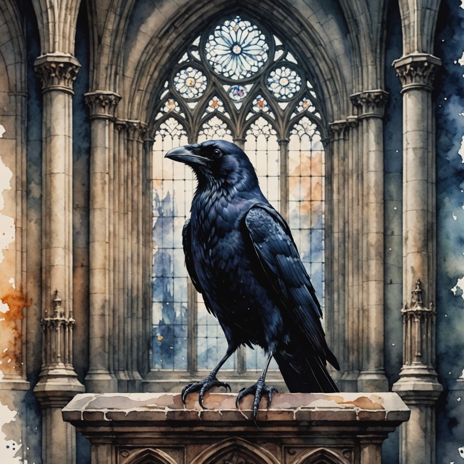 Mysterious Raven in a Watercolor Gothic Church