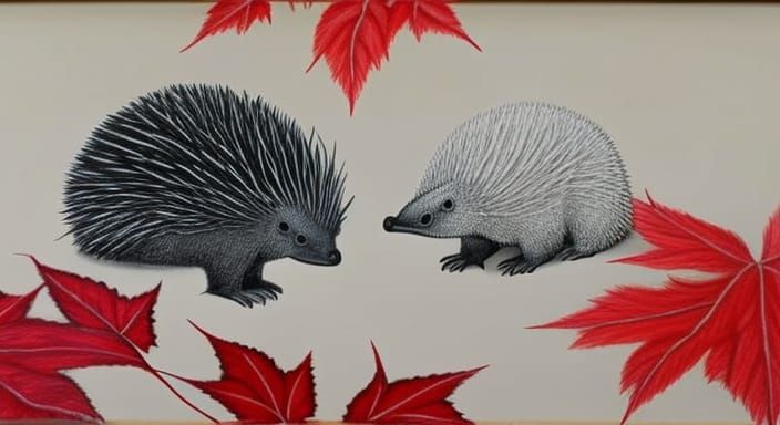 Echidnas in Red Maple Leaves, Chalk and Charcoal