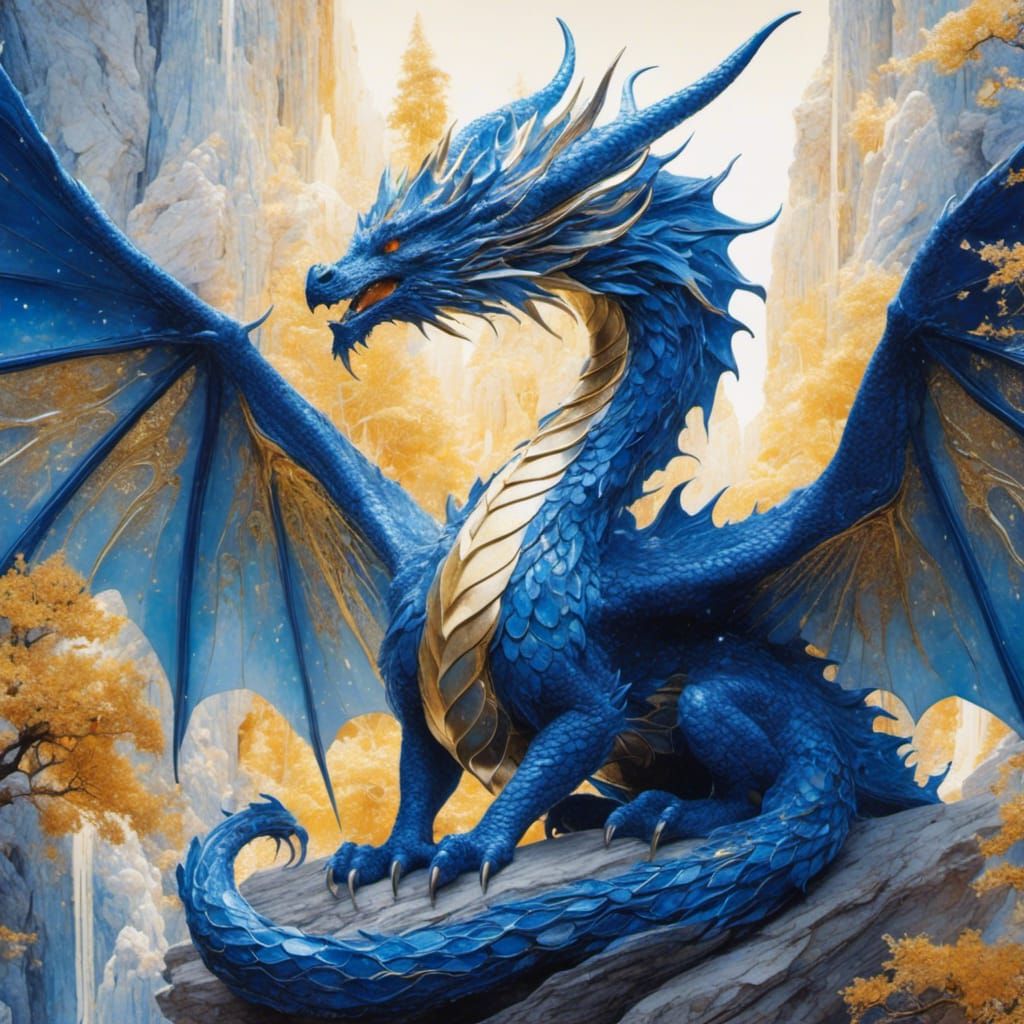 Lapis Lazuli Dragon with Gold Enamel Wings Watercolor