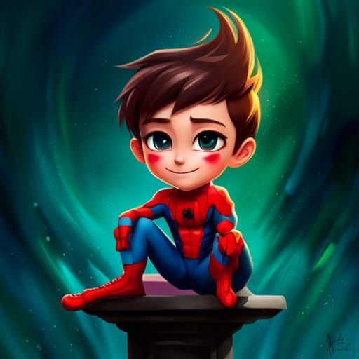 Adorable Chibi Spiderman in Polychromatic Splash Art