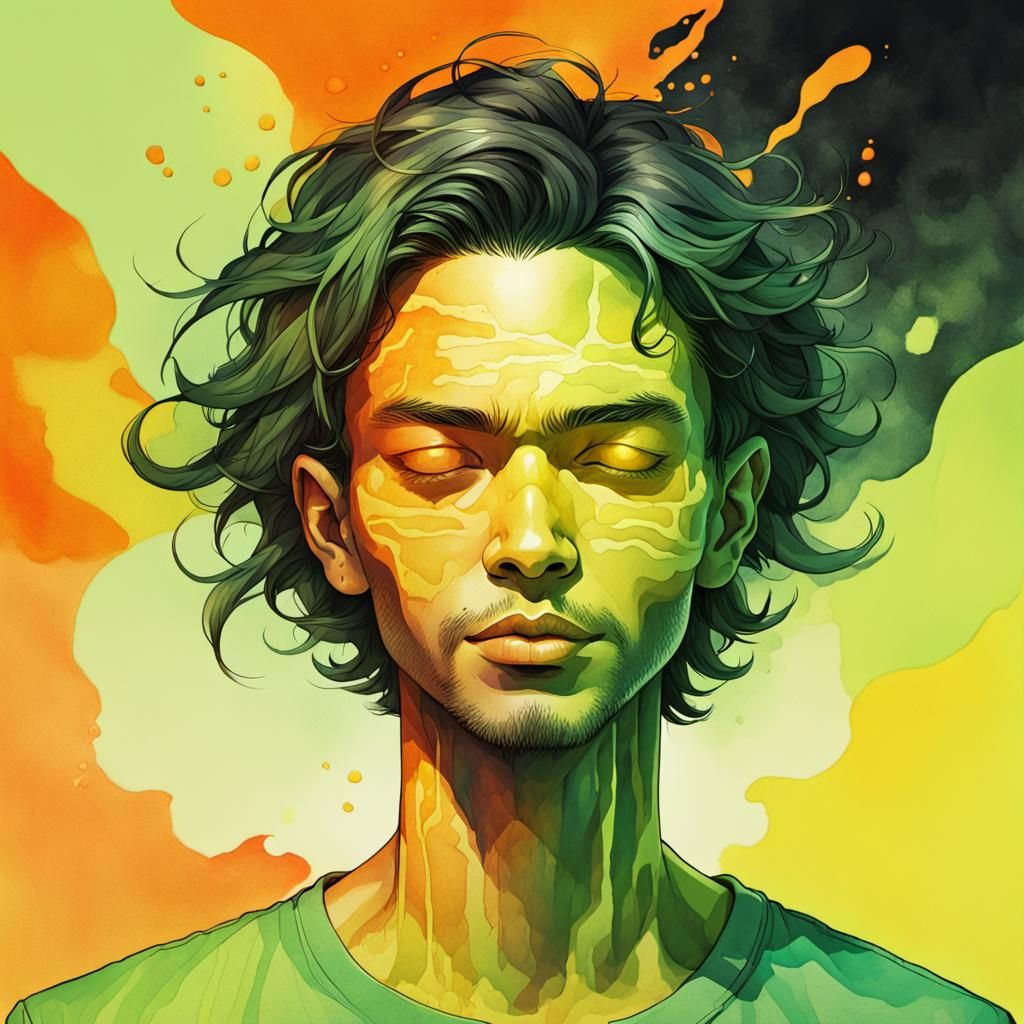 Fluorescent Glitch: A Comic Watercolor Portrait