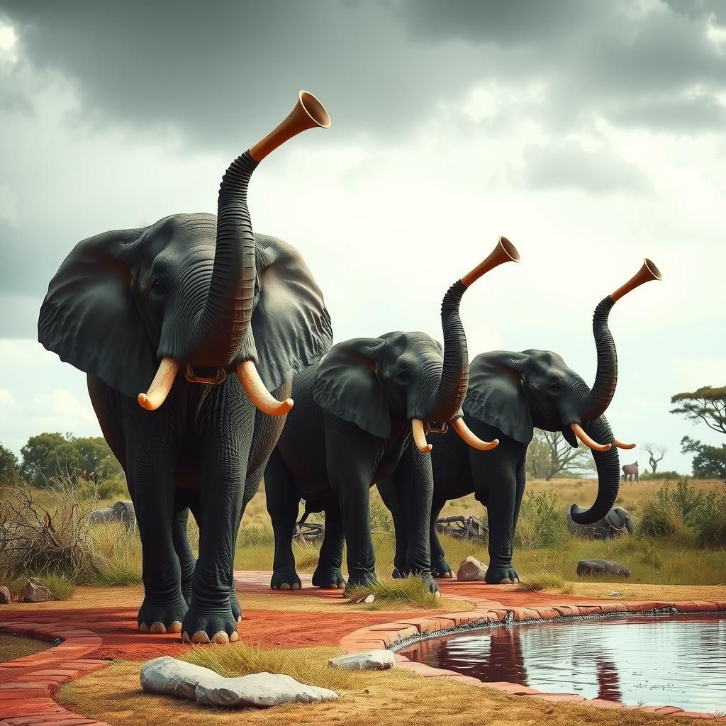 Surreal Safari: Elephants with Trumpet Trunks
