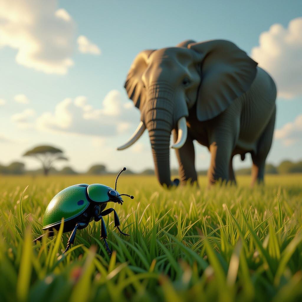Micro Bug Meets Colossal Elephant in Realistic Grass
