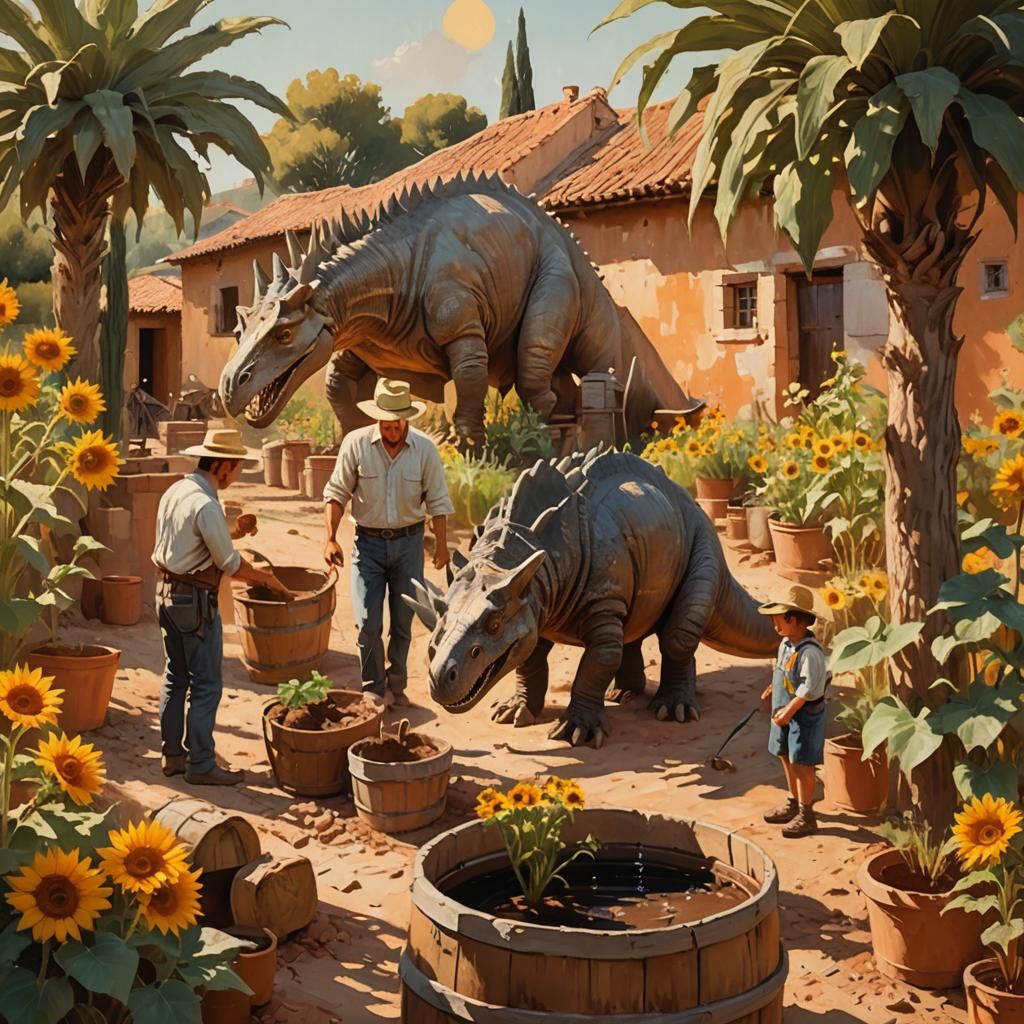Vibrant Spanish Countryside with Farmers and Dinosaurs