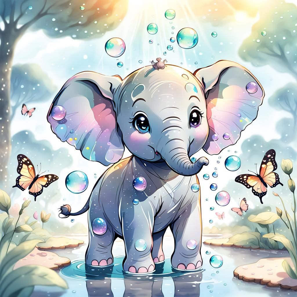 Baby Elephant Blowing Bubbles: Whimsical Anime Art