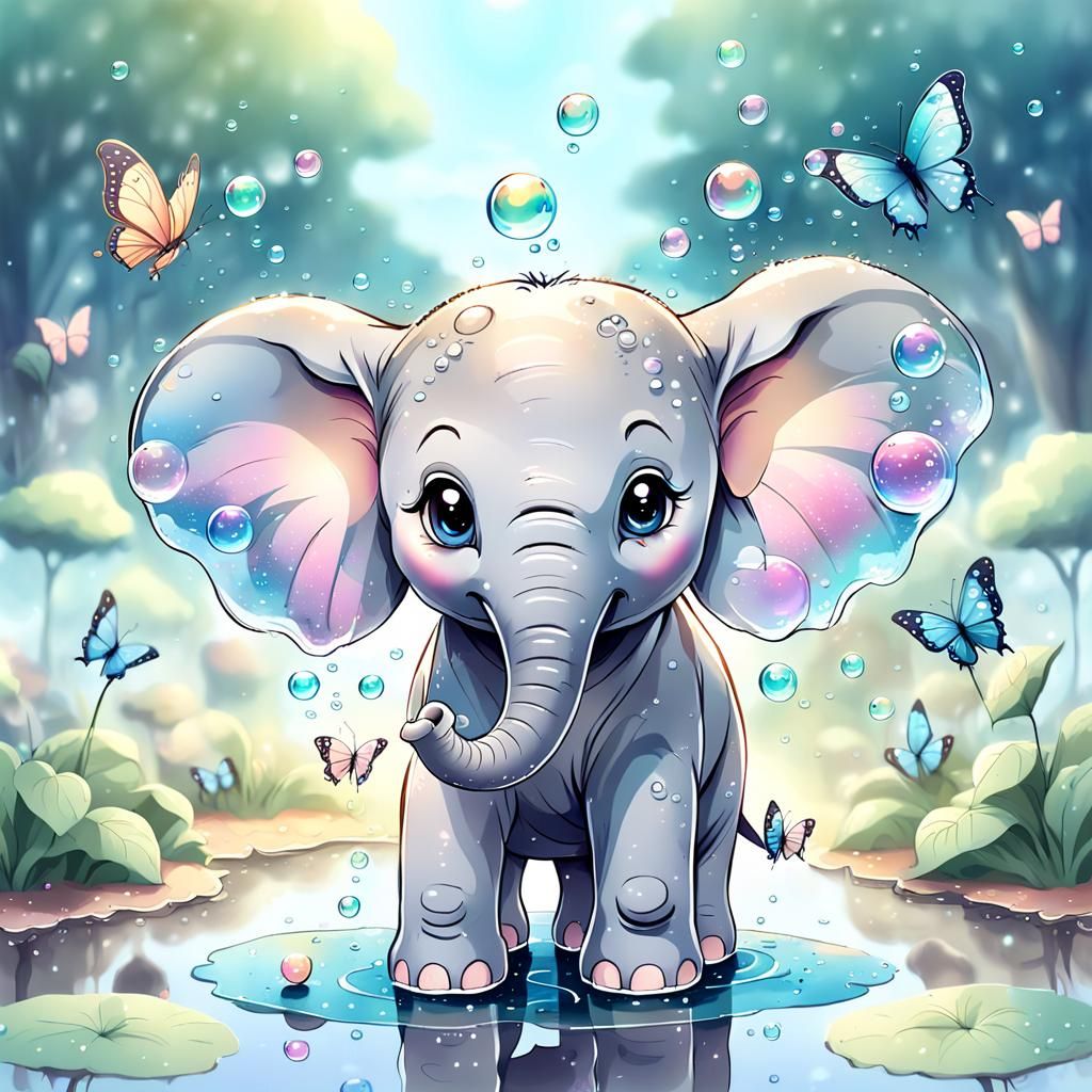 Baby Elephant Bubbles in Whimsical Anime Style