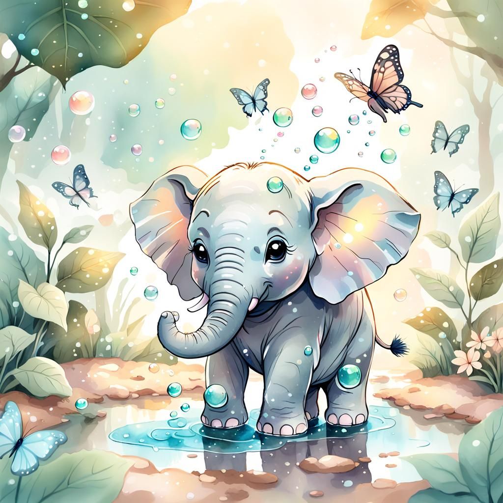 Baby Elephant Bubbles in Watercolor Whimsy