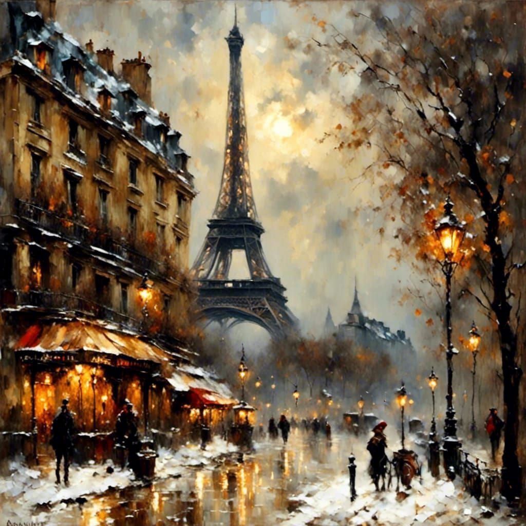 Eiffel Tower Winter Scene in Impasto Style