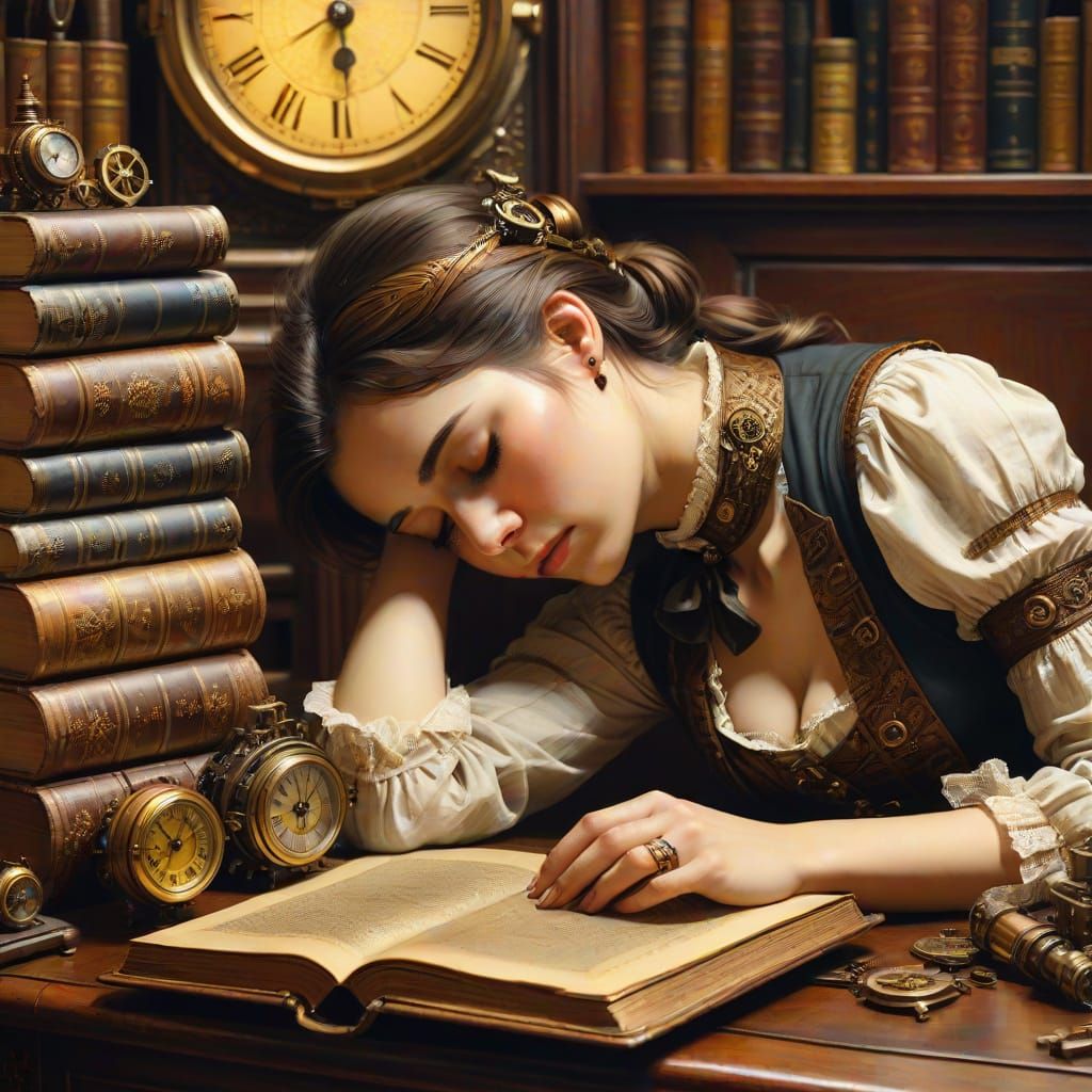 Victorian Steampunk Woman Sleeping in Office, Oil Painting