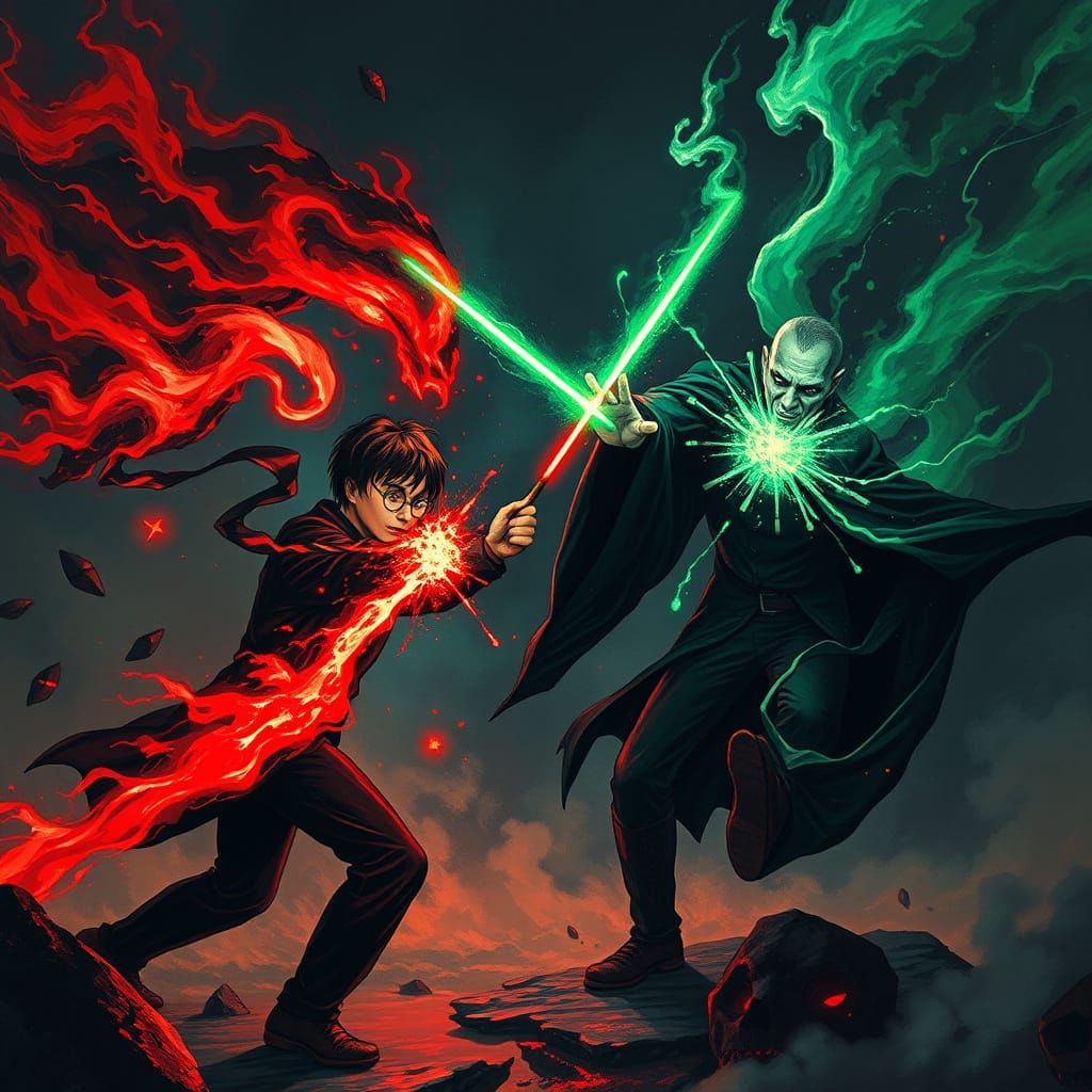 Epic Wizard Duel: Magical Energies Clash in Dystopian Style