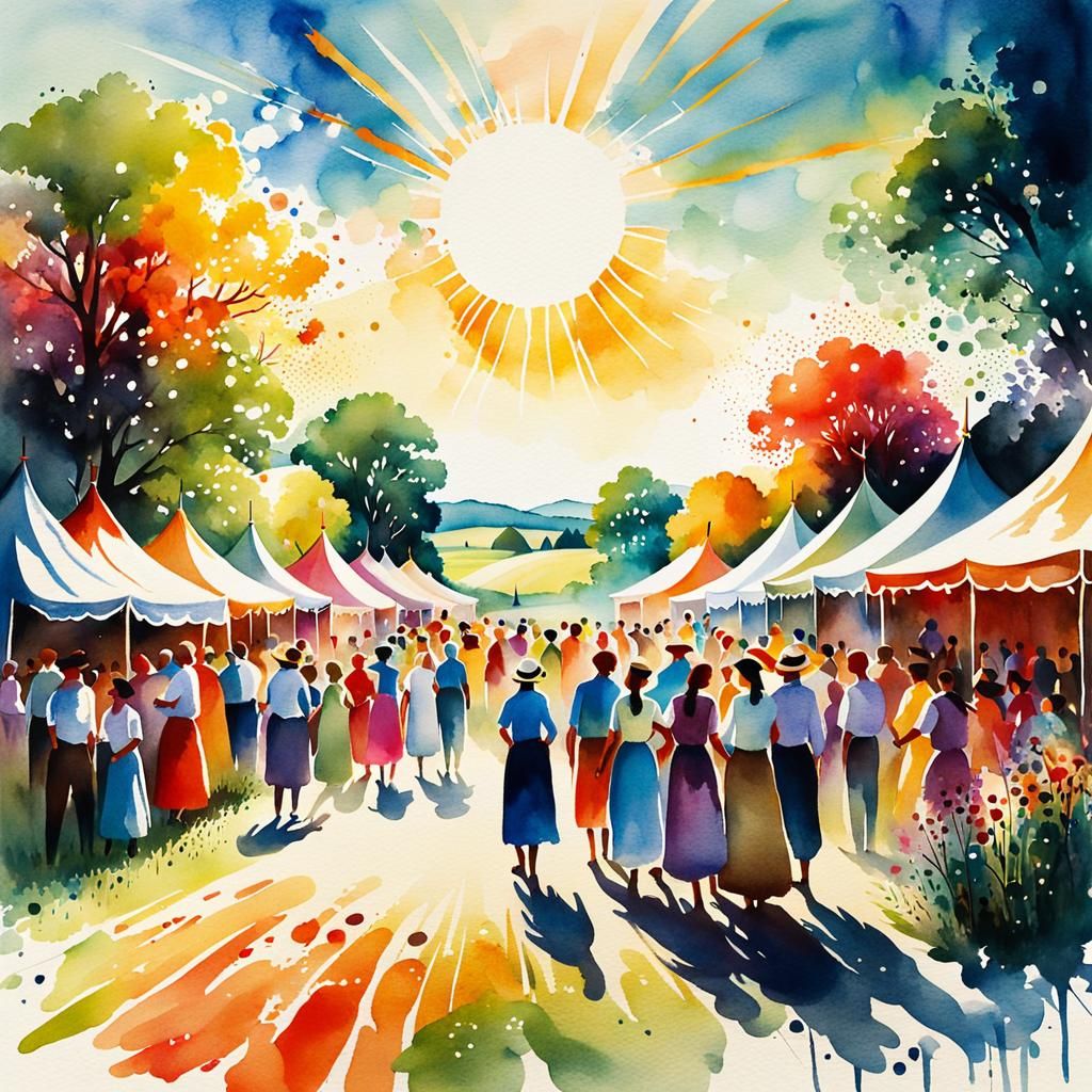 Village Summer Festival in Ink-Watercolor Style