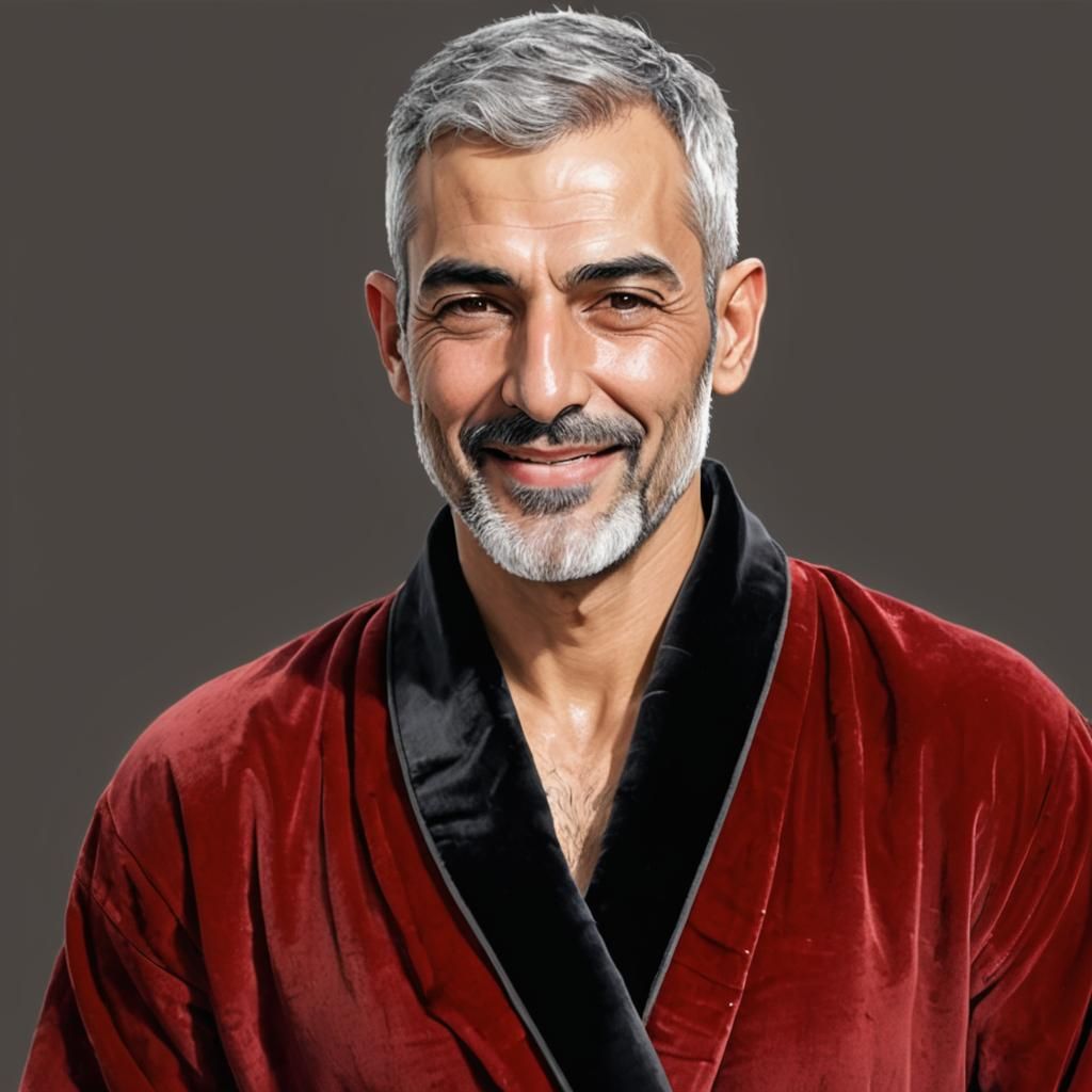 Joyous Man with Grey Hair in Velvet Robe