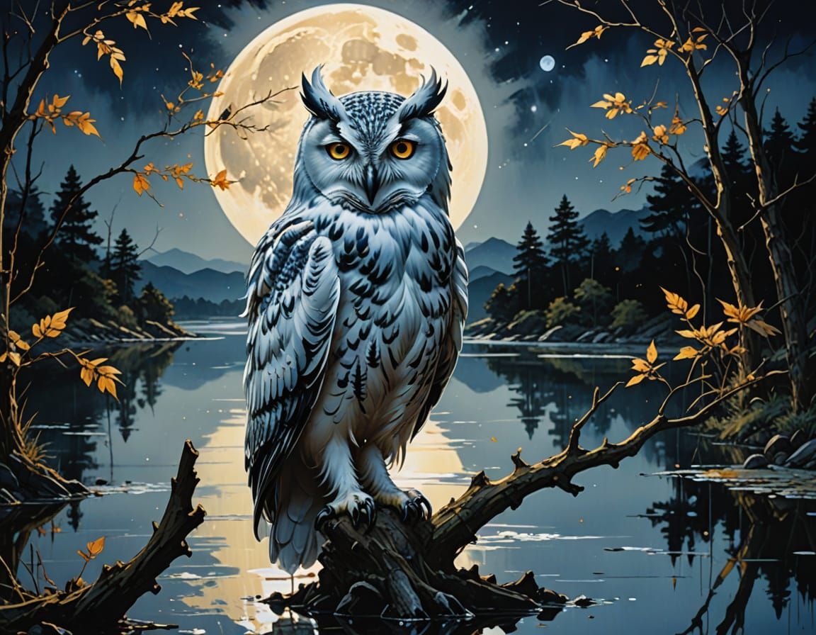 White Owl Under Moonlight in Art Nouveau Style